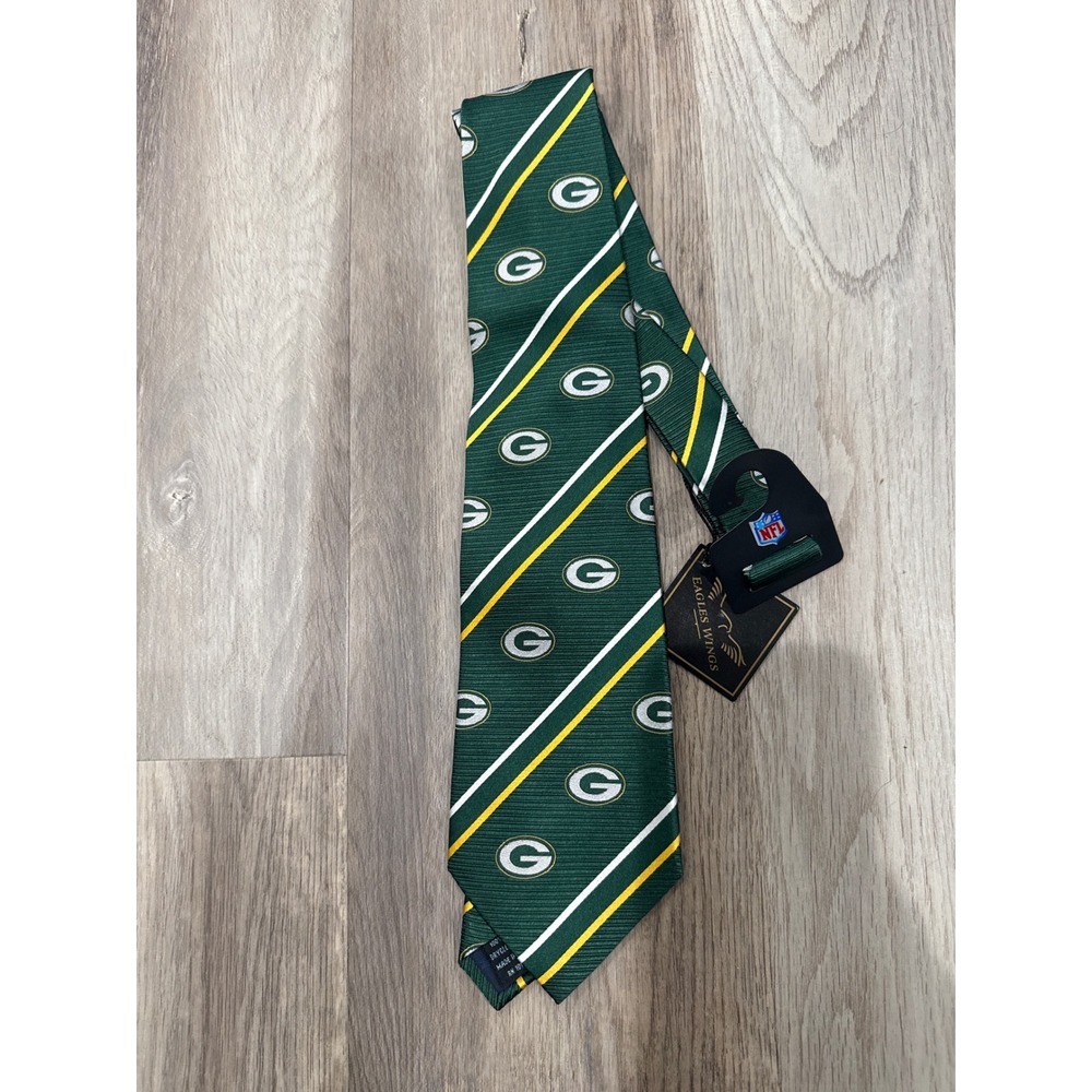 NFL Green Bay Packers Mens Silk Necktie Eagles Wings Green Gold Striped Logo Tie